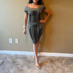 BCBG gold and black off the shoulder formal dress.